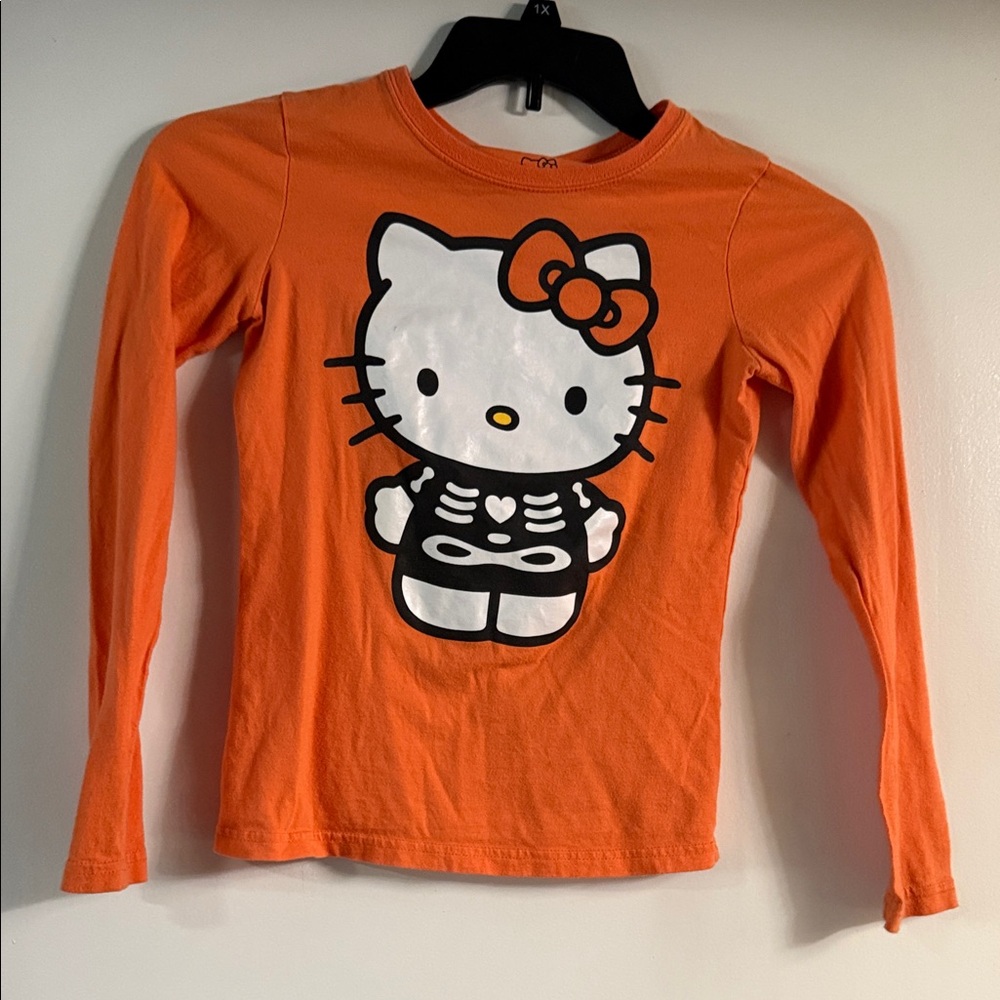 Hello Kitty Orange Halloween Skeleton Long Sleeve Kids Shirt Size XL 14/16